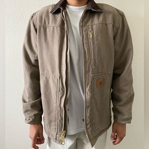 Men’s Carhartt Work Wear Jacket Taupe Fur Lined Multiple Pockets